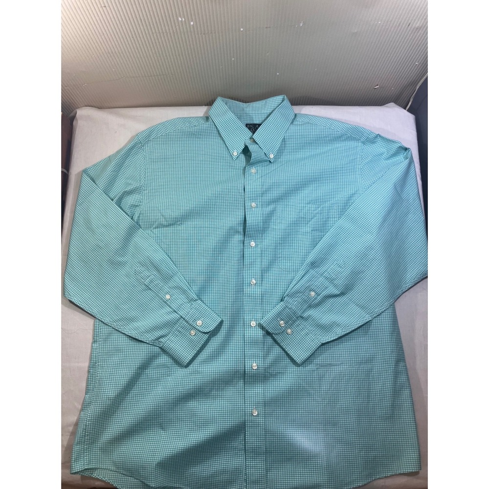 Jos A Bank Travelers Collection Mens XL Green Gingham Cotton Button Down Shirt
